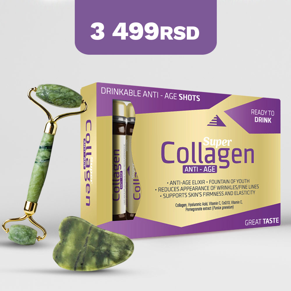 Super collagen ANTI-AGE 2000 mg, 14 ampula + POKLON  žad za zatezanje lica sa rolerom + žad kamen za podočnjake
