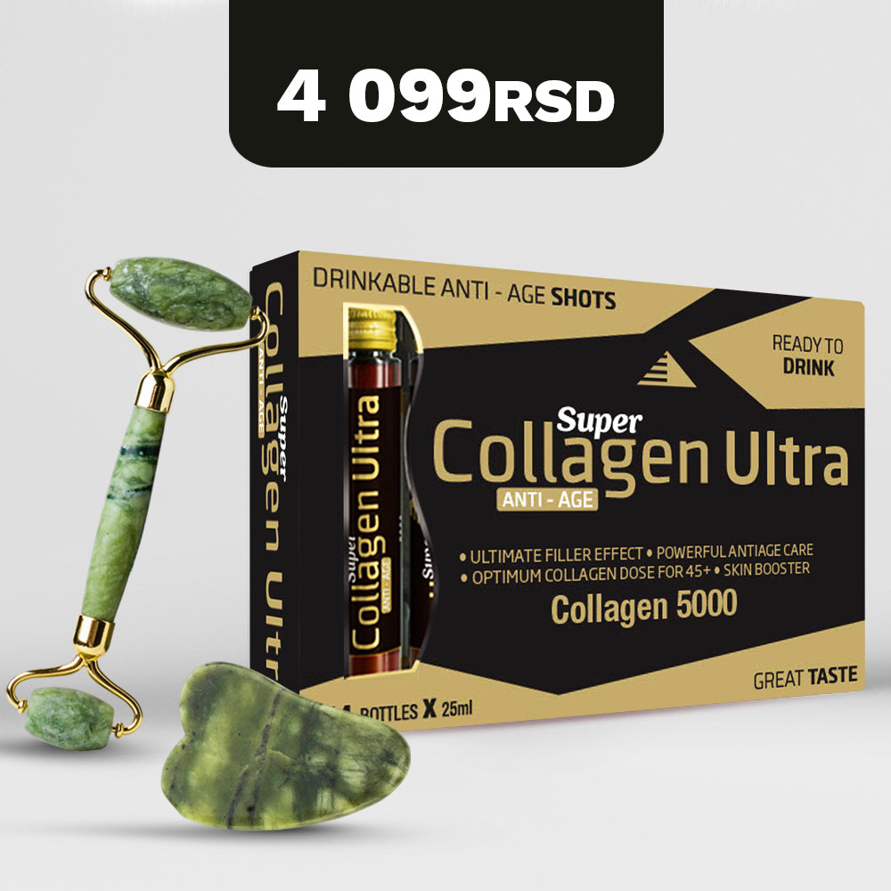 Super collagen ANTI-AGE ULTRA  5000 mg, 14 ampula + POKLON  žad za zatezanje lica sa rolerom + žad kamen za podočnjake