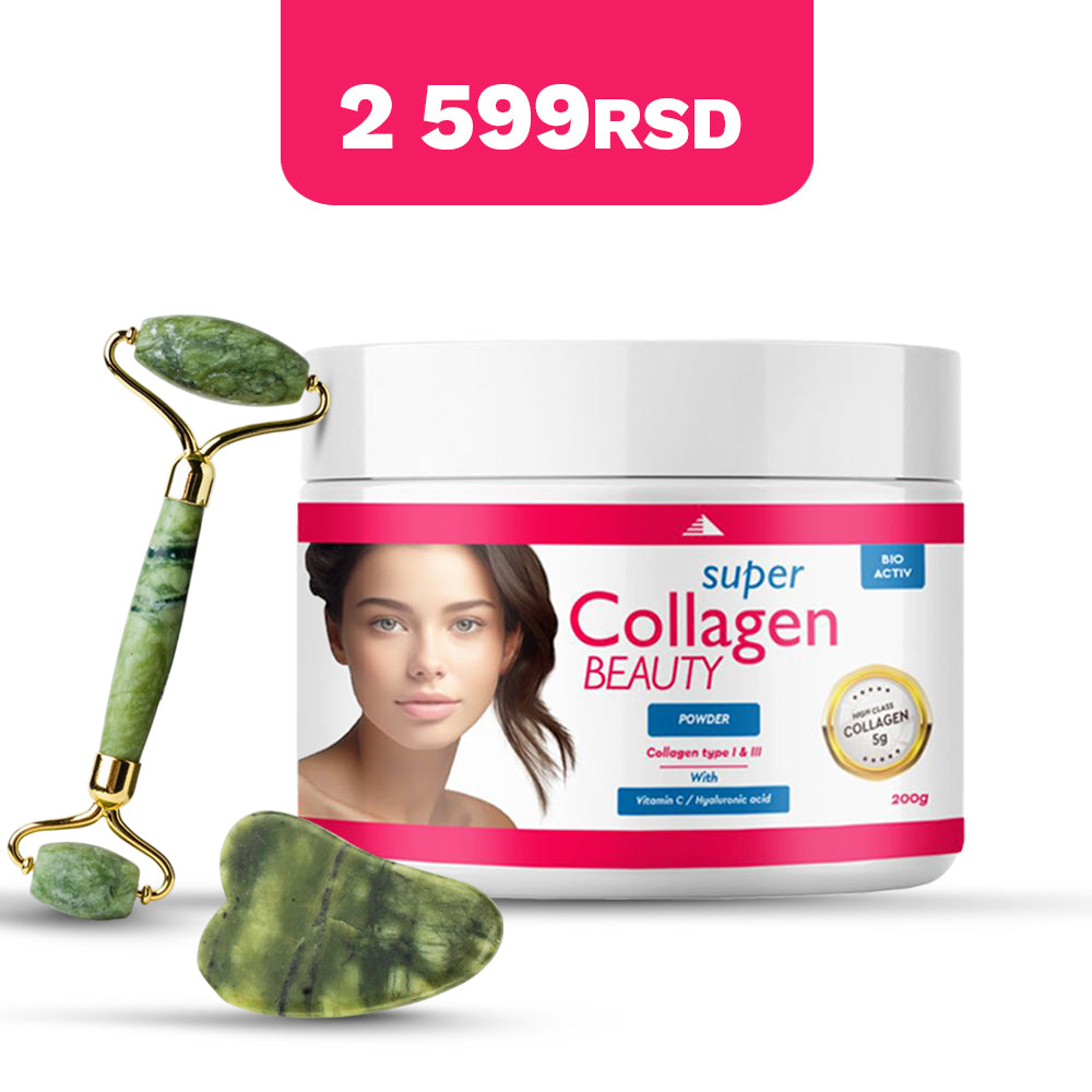 Super collagen Beauty powder 200g ++ POKLON  žad za zatezanje lica sa rolerom + žad kamen za podočnjake