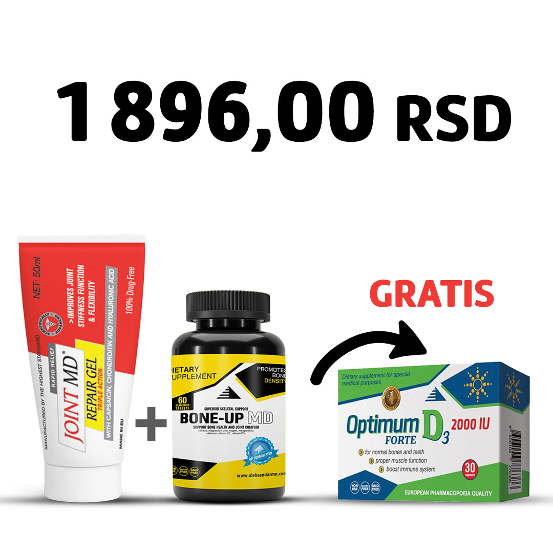 Joint MD Repair Gel Triple Action, 75ml + Bone Up MD 60 tableta + GRATIS Optimum D3 2000 IU FORTE vitamin D3 kapsule