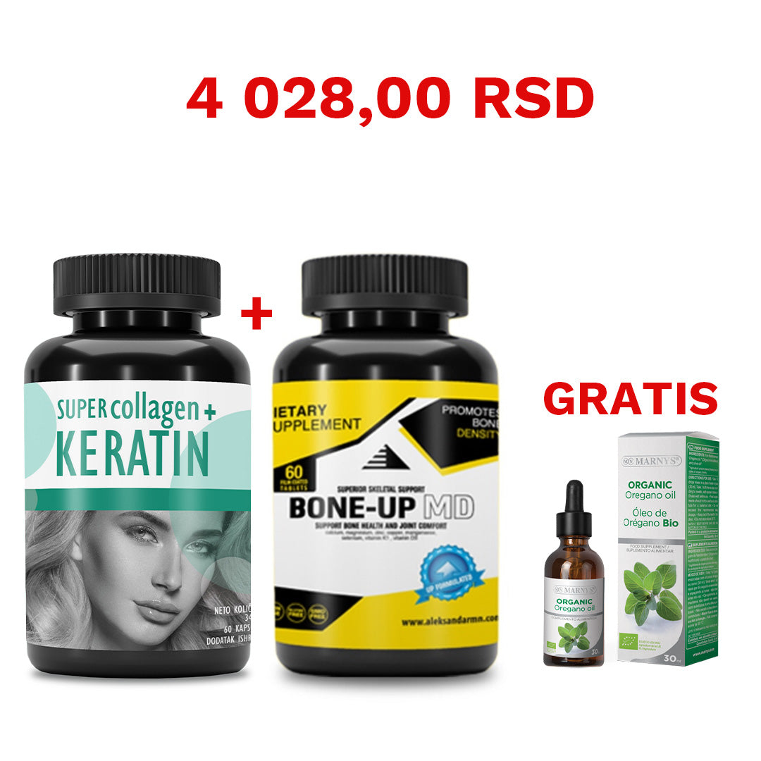 Super collagen + Keratin 60 tableta + Bone up MD 60 tableta + GRATIS Marnys ulje divljeg origana 10ml